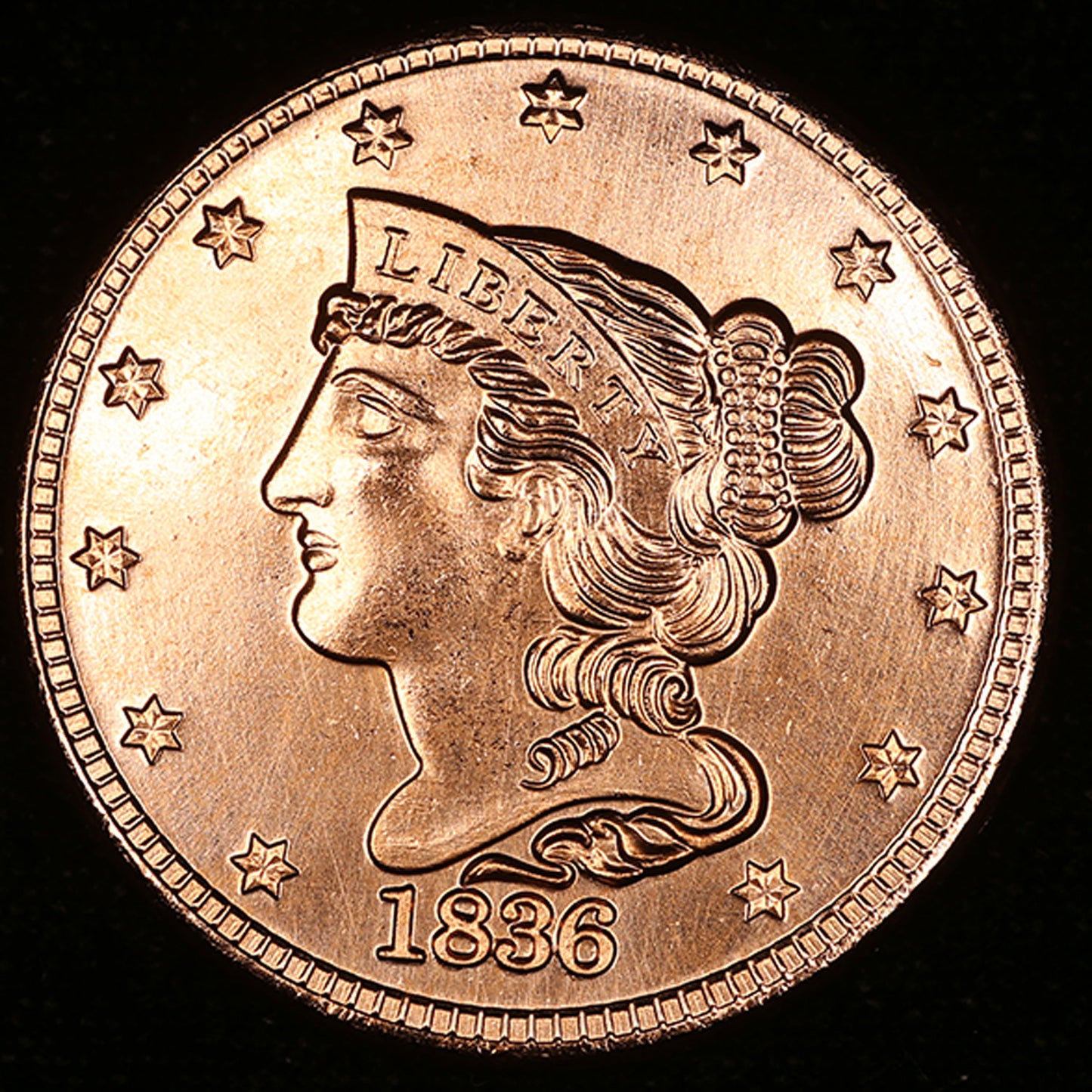 One Ounce .999 fine Copper Round - United States Braided Hair Large Cent Design