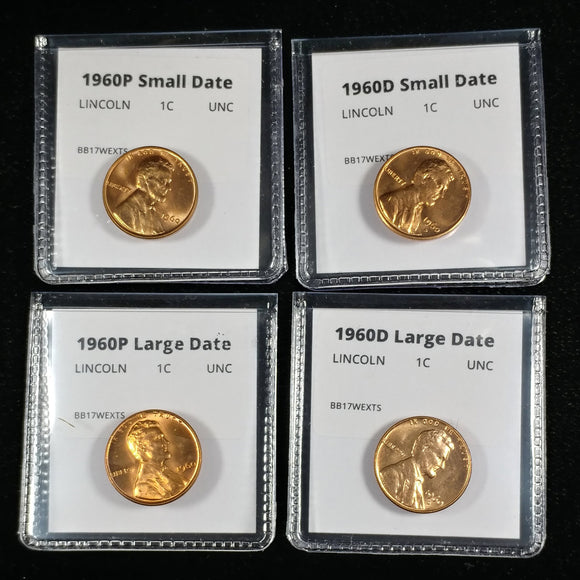 1960 P+D Lincoln Cent Four Coin Small and Large Date Penny Set - BU