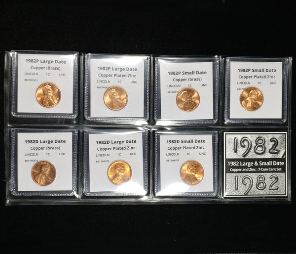 1982 P+D Lincoln Cent Seven Coin Small and Large Date Penny Set - BU