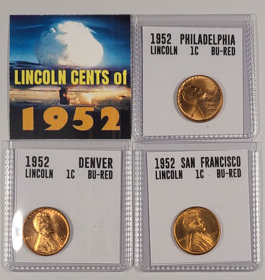 1952-P, D, S Full Red Uncirculated Lincoln Cent Set of 3 coins