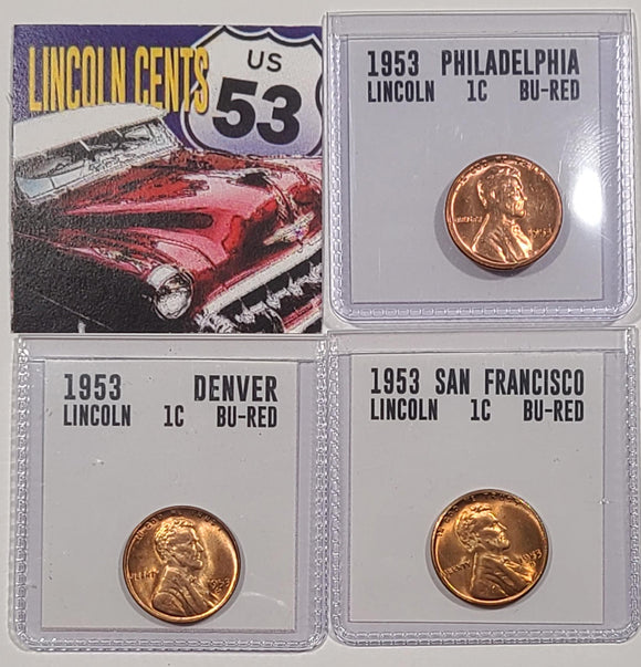 1953-P, D, S Full Red Uncirculated Lincoln Cent Set of 3 coins