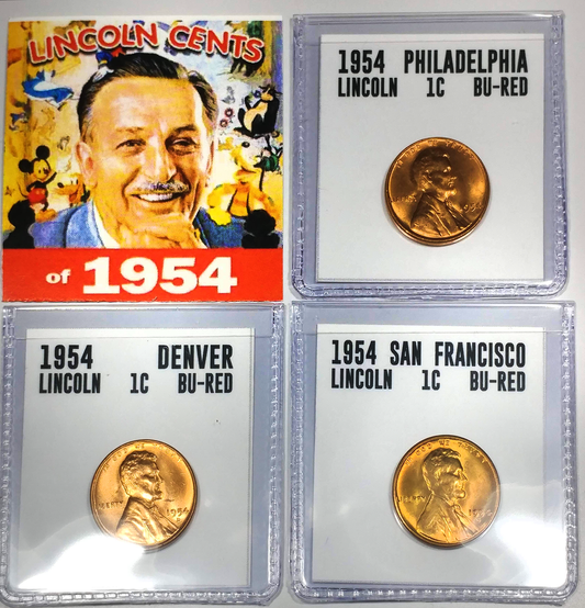 1954-P, D, S Full Red Uncirculated Lincoln Cent Set of 3 coins