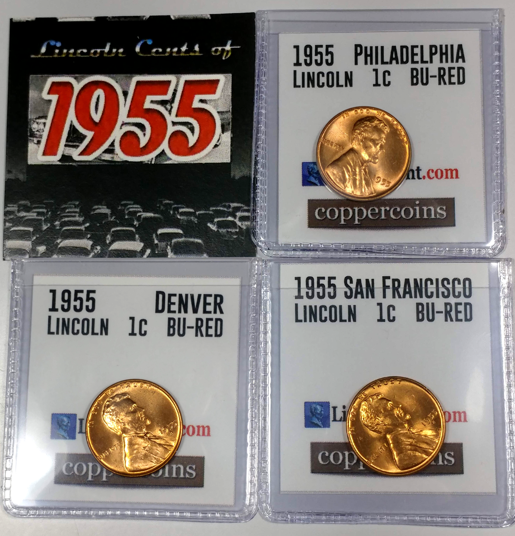 1955-P, D, S Full Red Uncirculated Lincoln Cent Set of 3 coins