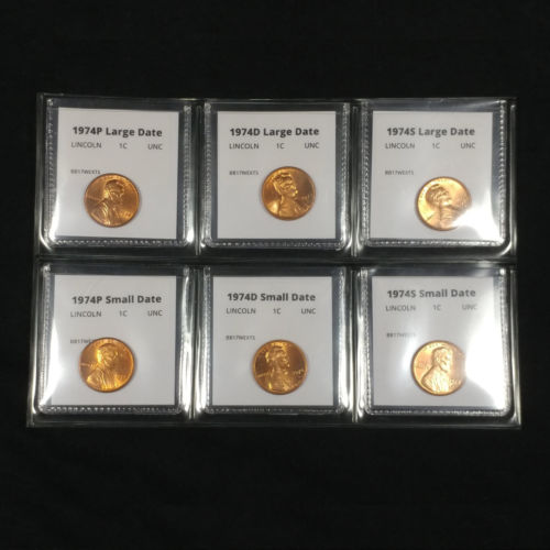 1974 P+D+S Lincoln Cent Six Coin Small and Large Date Penny Set - BU