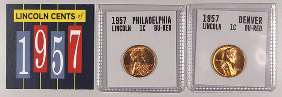 1957-P, D Full Red Uncirculated Lincoln Cent Set of 2 coins